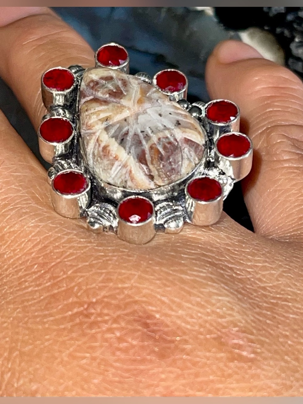 Carved Brown Jasper Ring Size 8 1/4